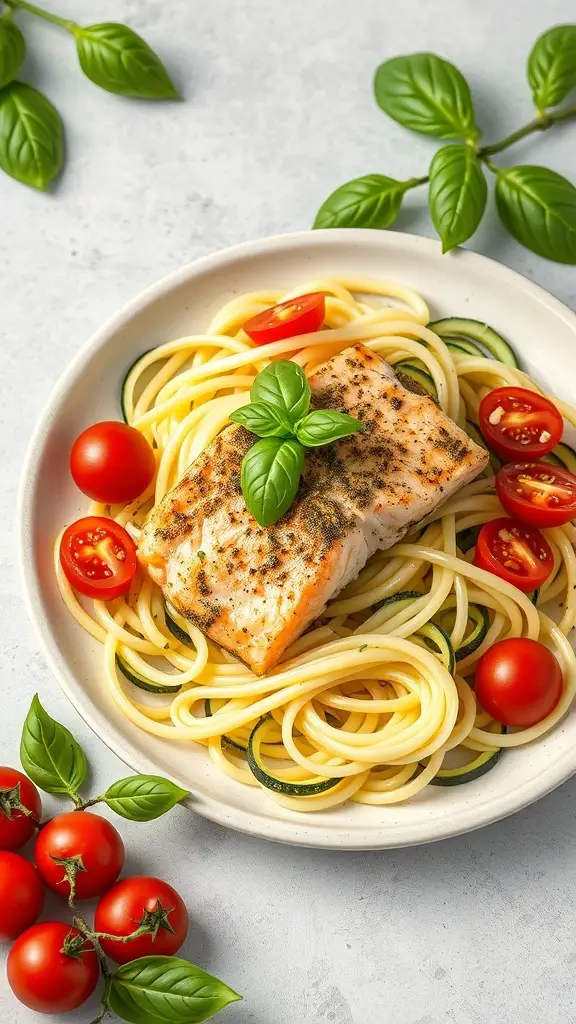 A plate of pesto salmon served over zucchini noodles, garnished with cherry tomatoes and basil leaves.