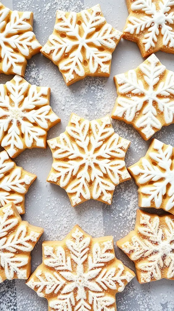 Decorated snowflake sugar cookies with intricate icing designs