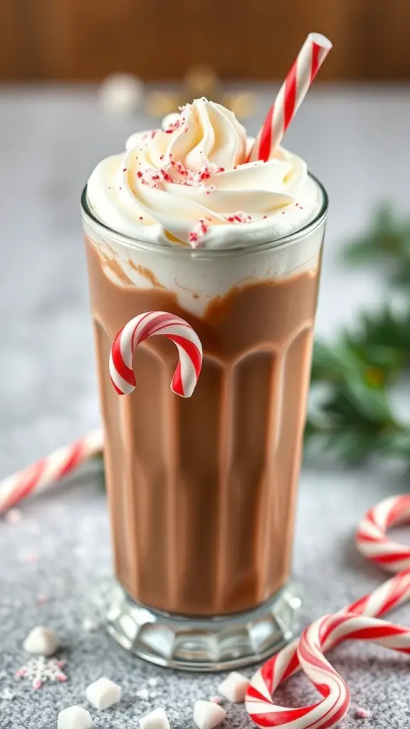 A glass of Chocolate Peppermint Milk topped with whipped cream and a candy cane.