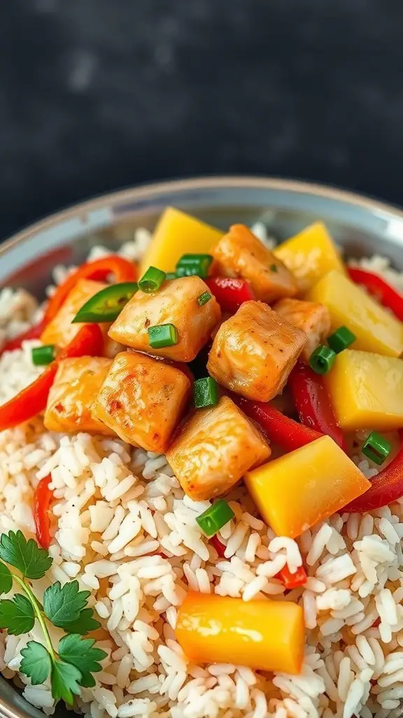A colorful Sweet and Sour Salmon Stir-Fry served on rice with vegetables and pineapple.