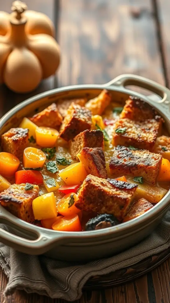 Savory bread pudding with vegetables in a baking dish, surrounded by a rustic setting.