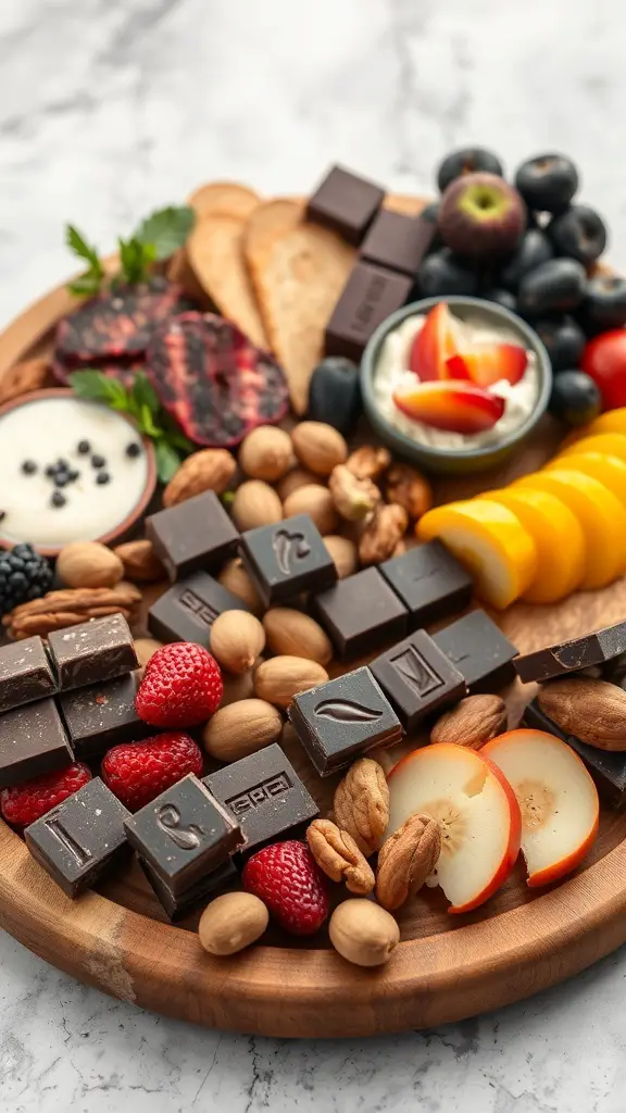 A beautifully arranged charcuterie board featuring chocolate squares, fresh fruits, nuts, and a creamy dip.