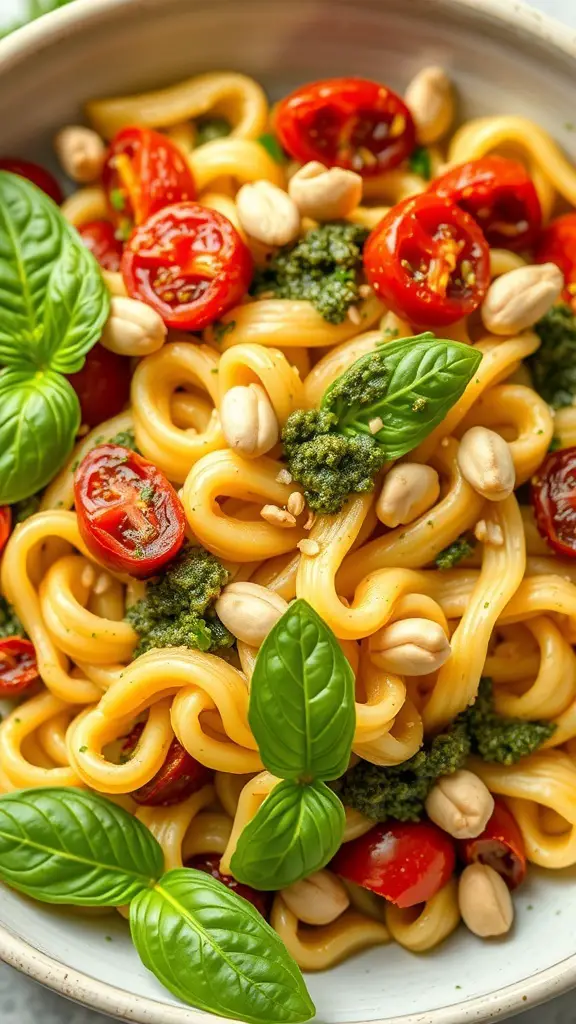 A bowl of Pesto Cavatappi with sun-dried tomatoes, garnished with fresh basil and nuts.