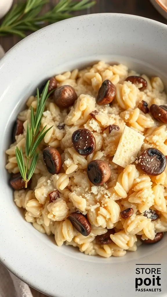 A bowl of creamy mushroom risotto topped with cheese and herbs