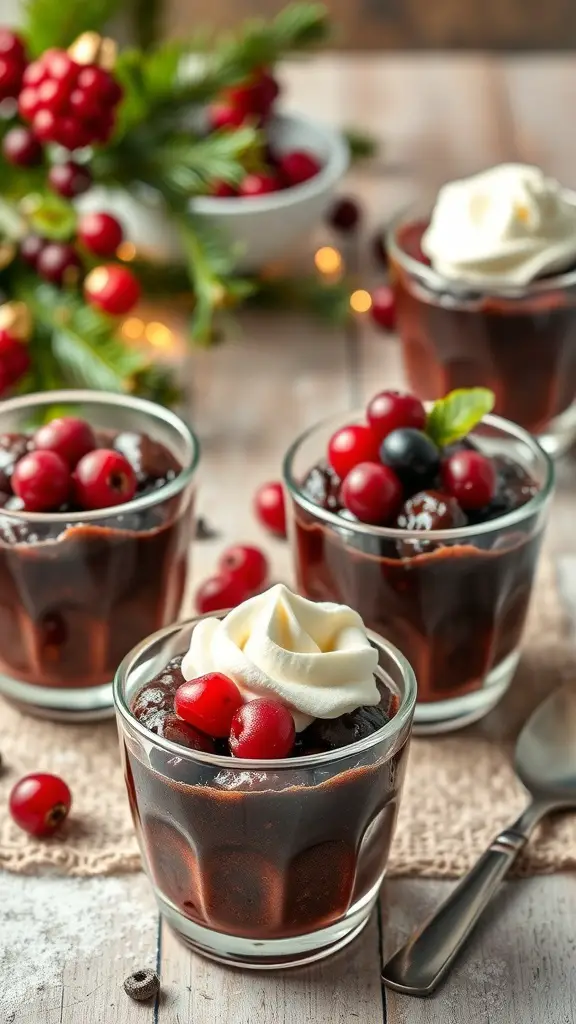 Delicious Christmas pudding cups topped with whipped cream and berries, surrounded by festive decorations.