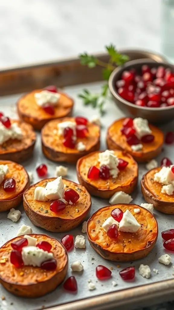 A tray of spiced sweet potato bites topped with cheese and pomegranate seeds.