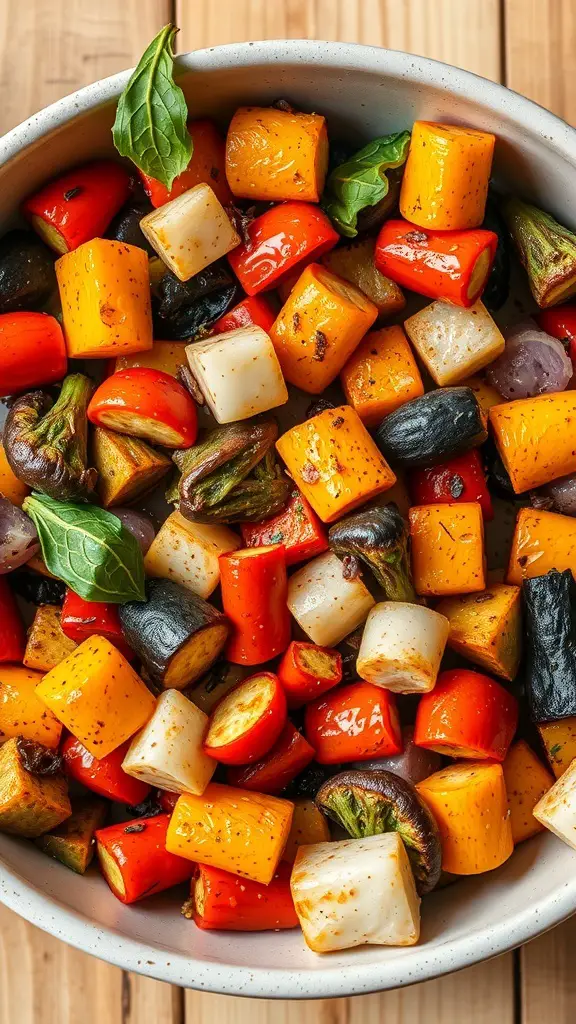 A colorful medley of roasted vegetables including bell peppers, zucchini, and carrots.