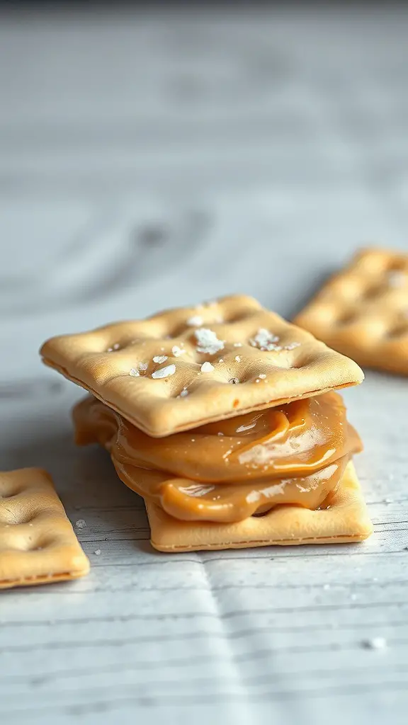 Saltine crackers with peanut butter filling stacked on a table