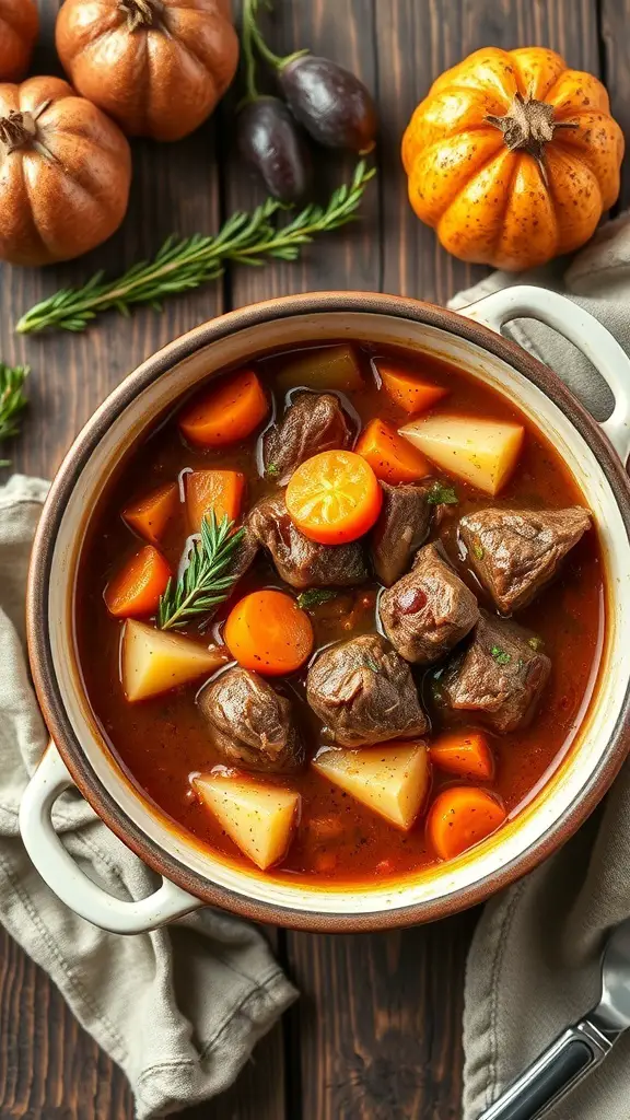 A bowl of hearty beef stew with root vegetables, surrounded by pumpkins and olives on a wooden table.
