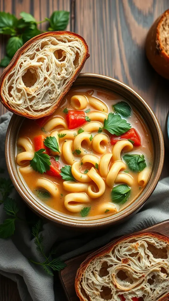 A bowl of elbow noodle soup with vegetables and a slice of bread
