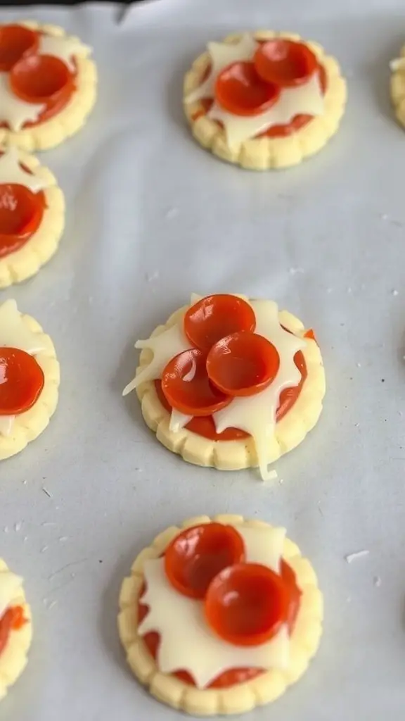 Biscuit pizza bites topped with cheese and pepperoni on a baking sheet.
