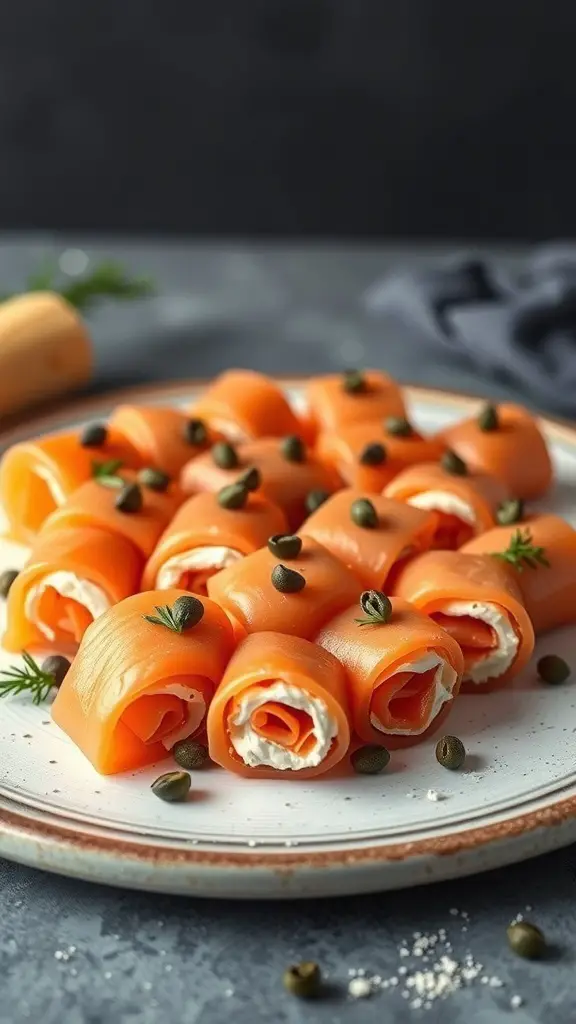 A plate of smoked salmon and cream cheese roll-ups garnished with capers and herbs.