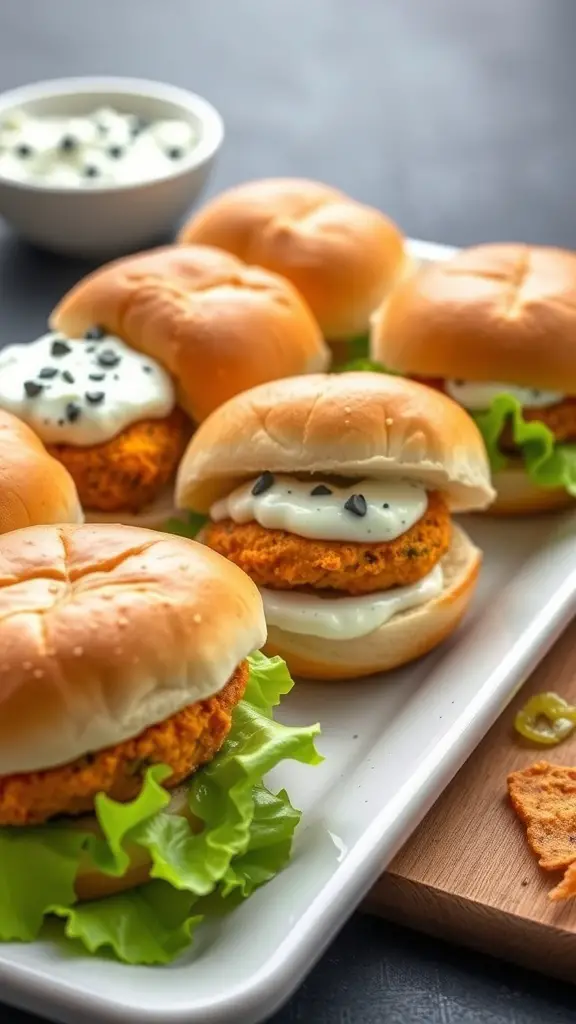 Buffalo chicken tenderloin sliders on a platter with creamy sauce and lettuce
