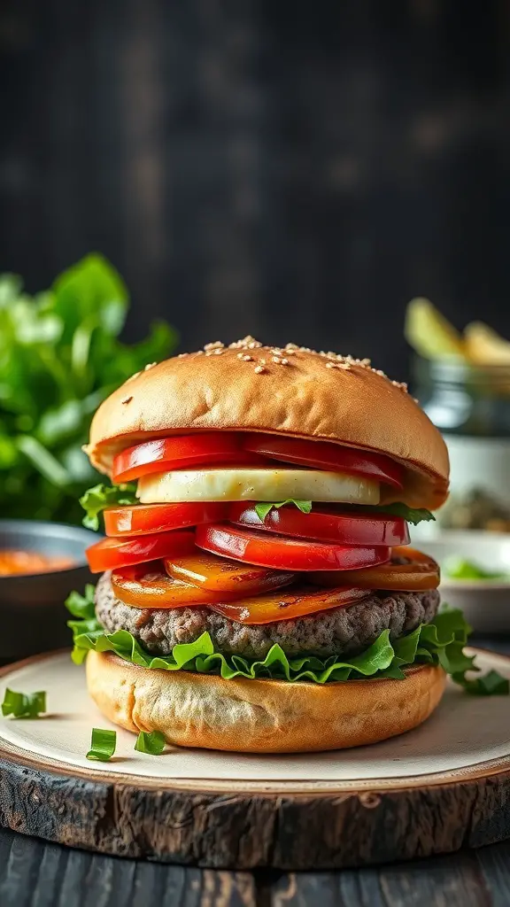 A colorful veggie burger stacked with fresh vegetables and a sesame seed bun.