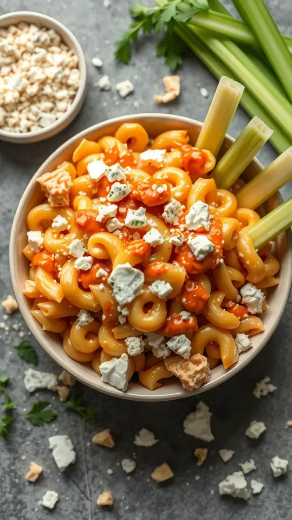 A bowl of Buffalo Chicken Macaroni topped with blue cheese and served with celery sticks.