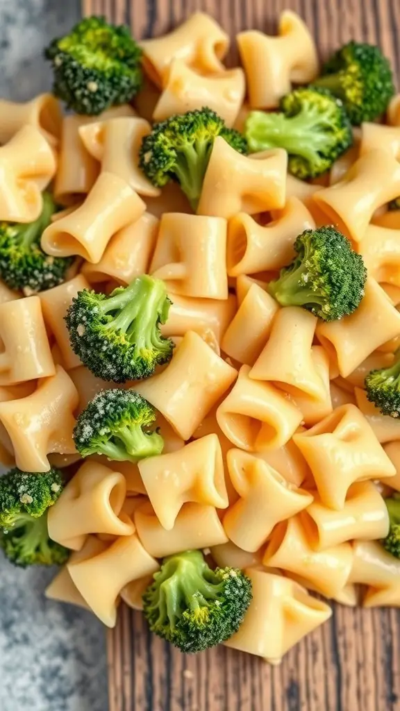 A plate of bow tie pasta mixed with broccoli and cheese sauce.