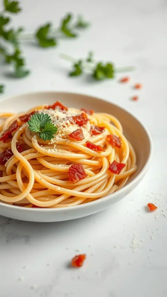 A bowl of fusilli pasta with crispy pancetta and cheese