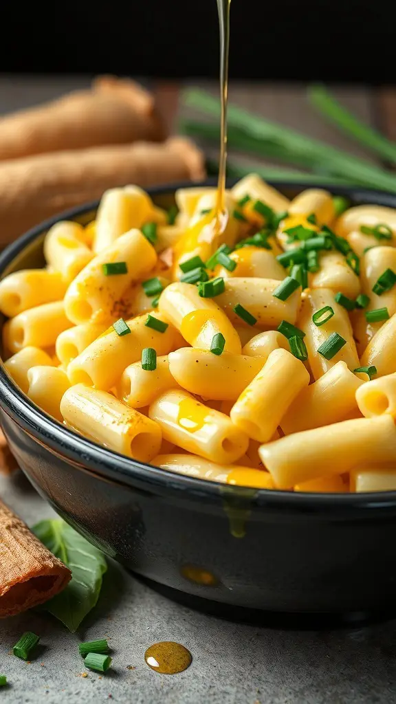 A bowl of macaroni and cheese drizzled with truffle oil and garnished with chives.