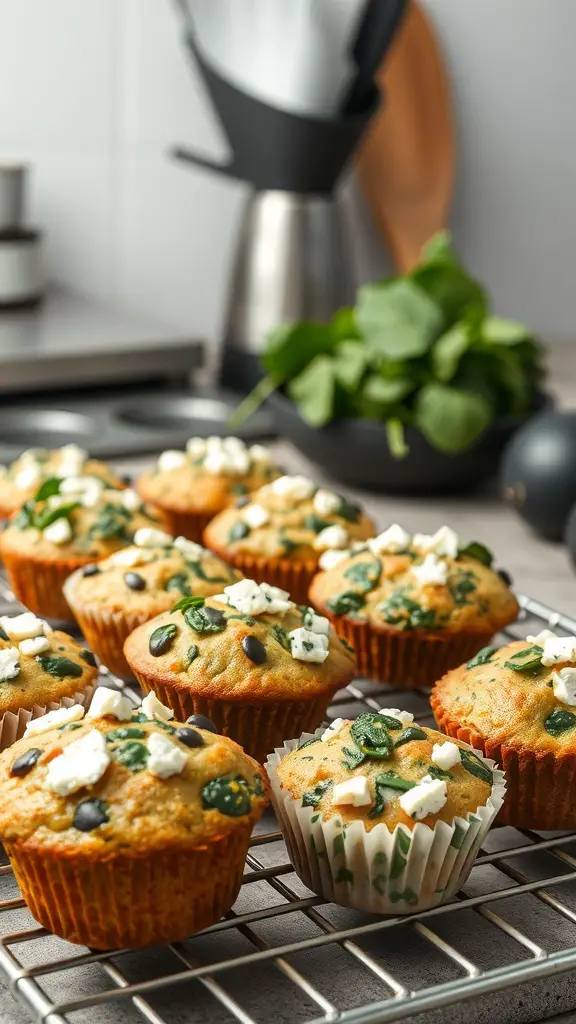 Savory muffins with spinach and feta cooling on a wire rack