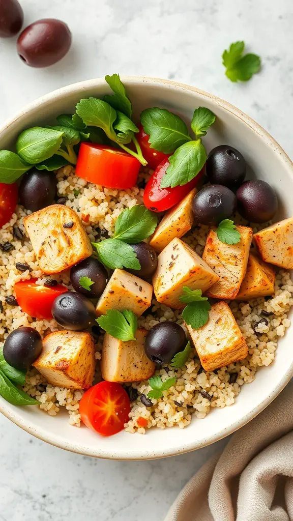 A bowl of Mediterranean chicken with couscous, tomatoes, olives, and herbs.