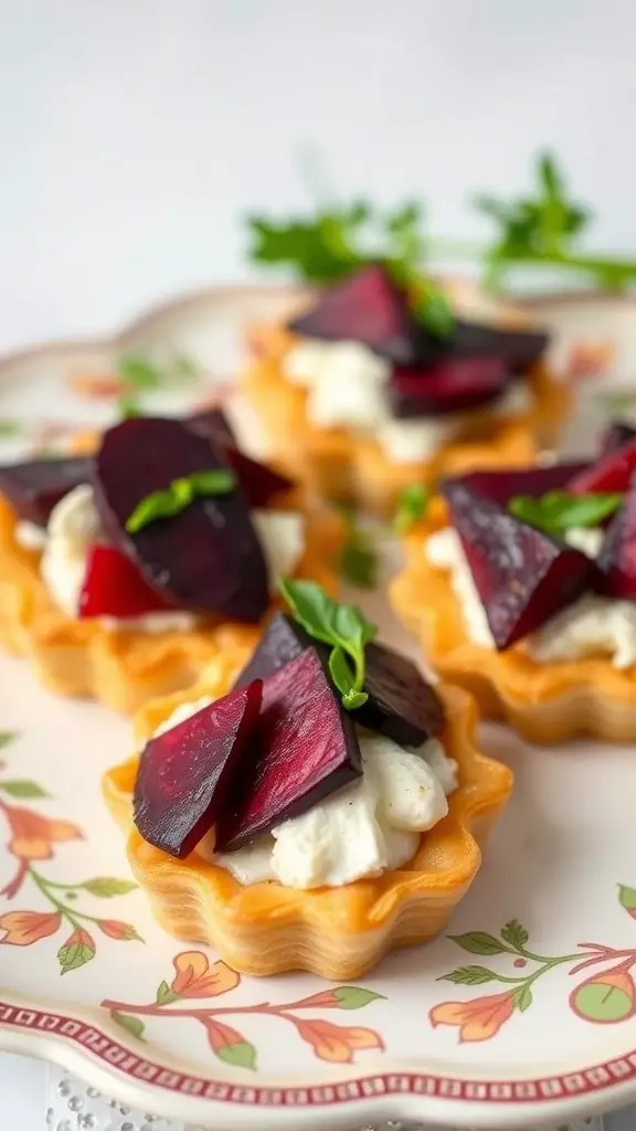 Puff pastry tarts filled with goat cheese and topped with slices of beets, garnished with herbs.