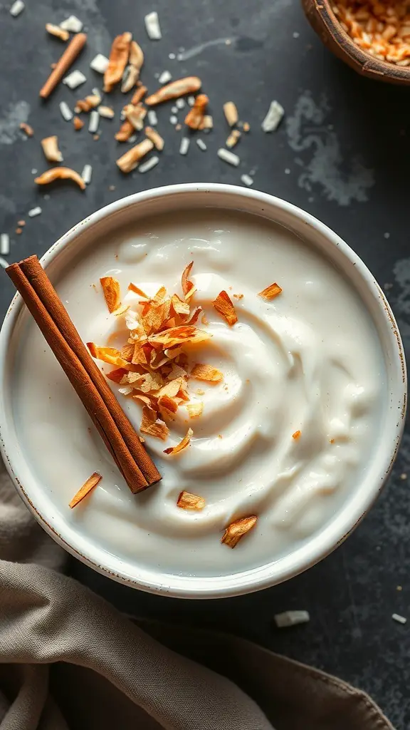 A bowl of coconut milk rice pudding topped with coconut flakes and cinnamon sticks.