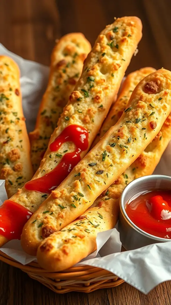 A basket of herbed breadsticks with ketchup on the side.