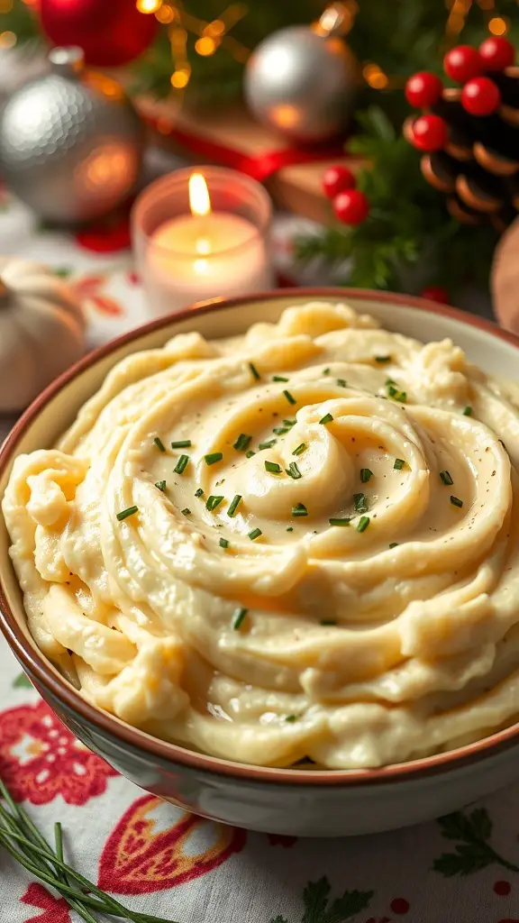 A bowl of creamy roasted garlic mashed potatoes topped with chives, surrounded by festive decorations.