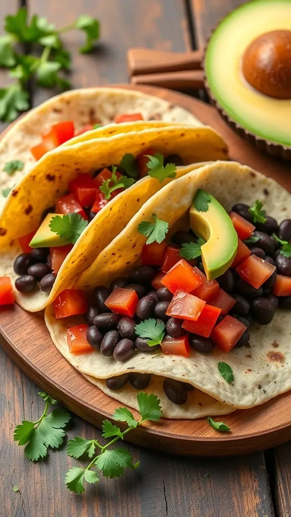 Three spicy black bean tacos filled with tomatoes and cilantro on a wooden plate, with an avocado in the background.