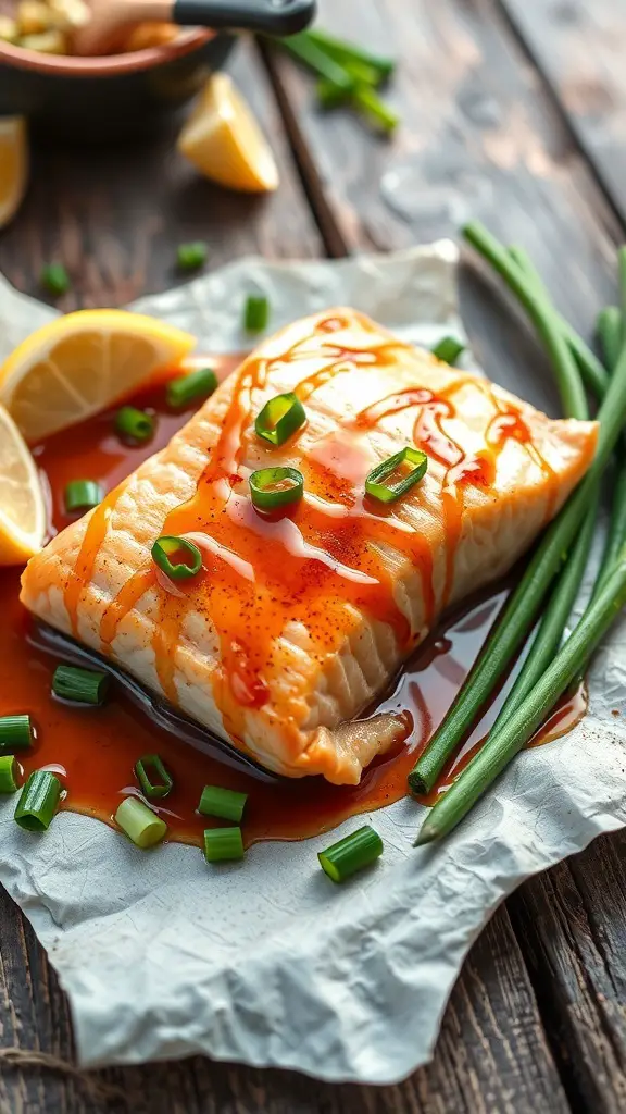 Baked salmon fillet with honey garlic sauce and green onions on a rustic wooden table