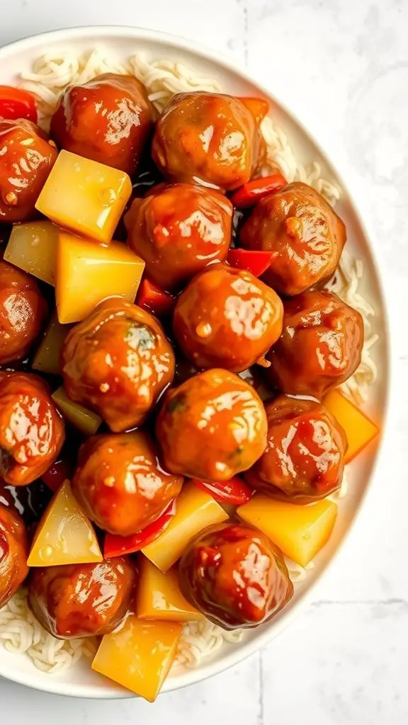 A plate of sweet and sour meatballs with bell peppers and pineapple