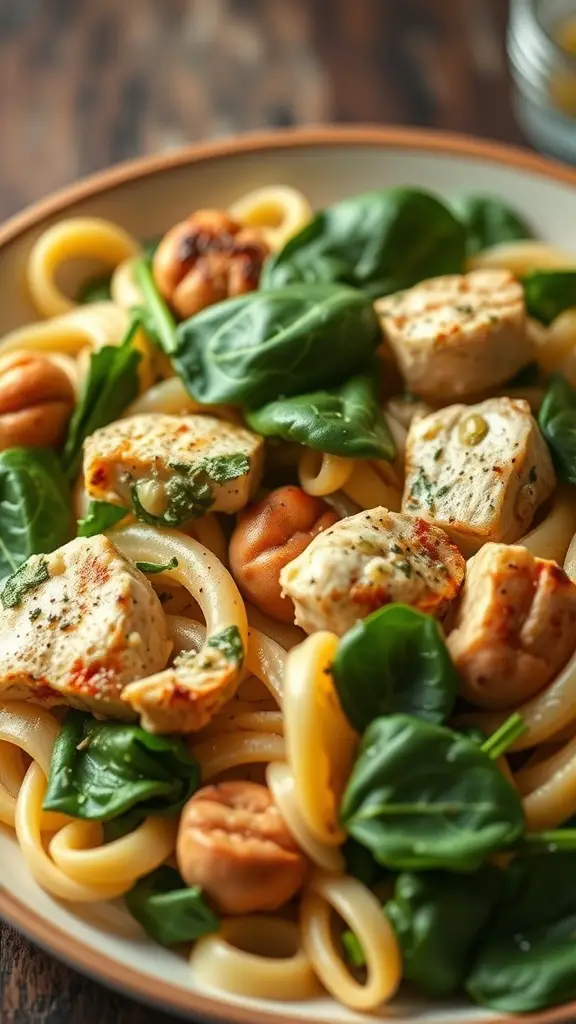 A plate of cavatappi pasta with chicken and spinach, garnished with herbs.
