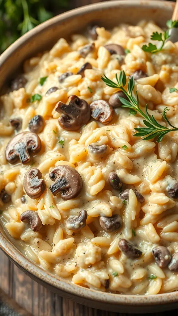 A bowl of Mushroom Alfredo Risotto with orzo pasta and sautéed mushrooms, garnished with fresh herbs.