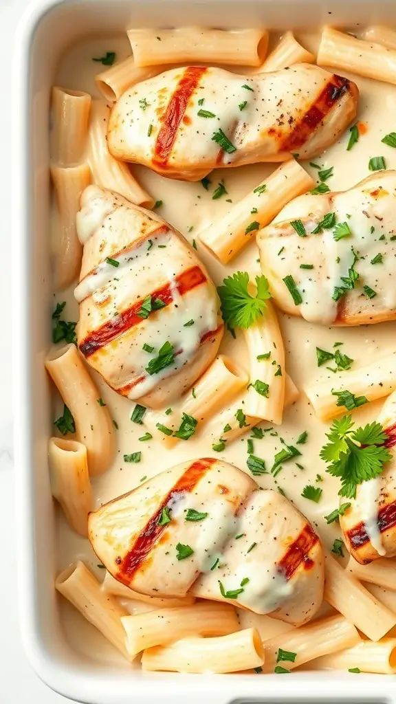 A creamy Alfredo pasta bake with grilled chicken and parsley on top.