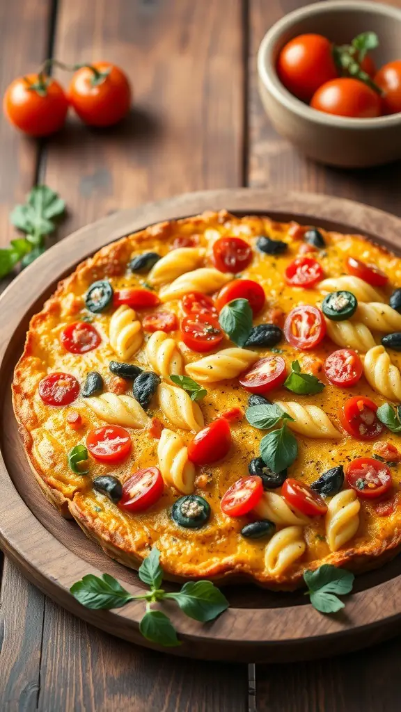 A delicious pasta frittata topped with cherry tomatoes and herbs on a wooden platter.