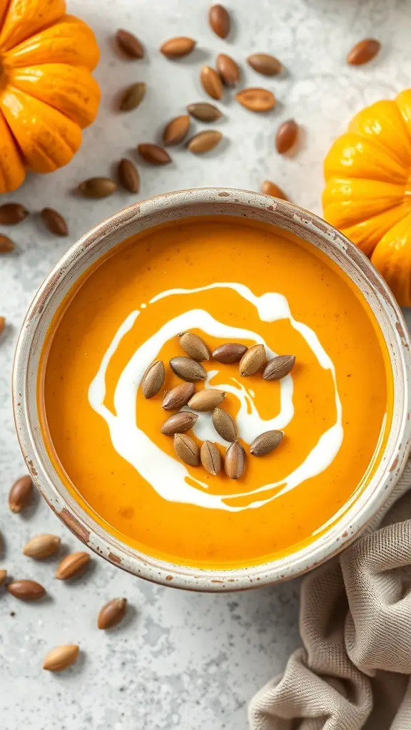 A bowl of creamy butternut squash soup topped with pumpkin seeds and a swirl of cream, surrounded by small pumpkins and seeds.