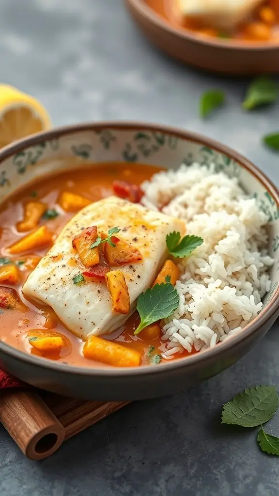A bowl of tilapia in coconut curry sauce served with rice and garnished with fresh herbs
