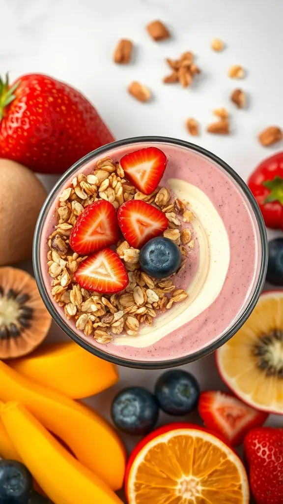 A smoothie bowl topped with granola, strawberries, and blueberries, surrounded by fresh fruits.