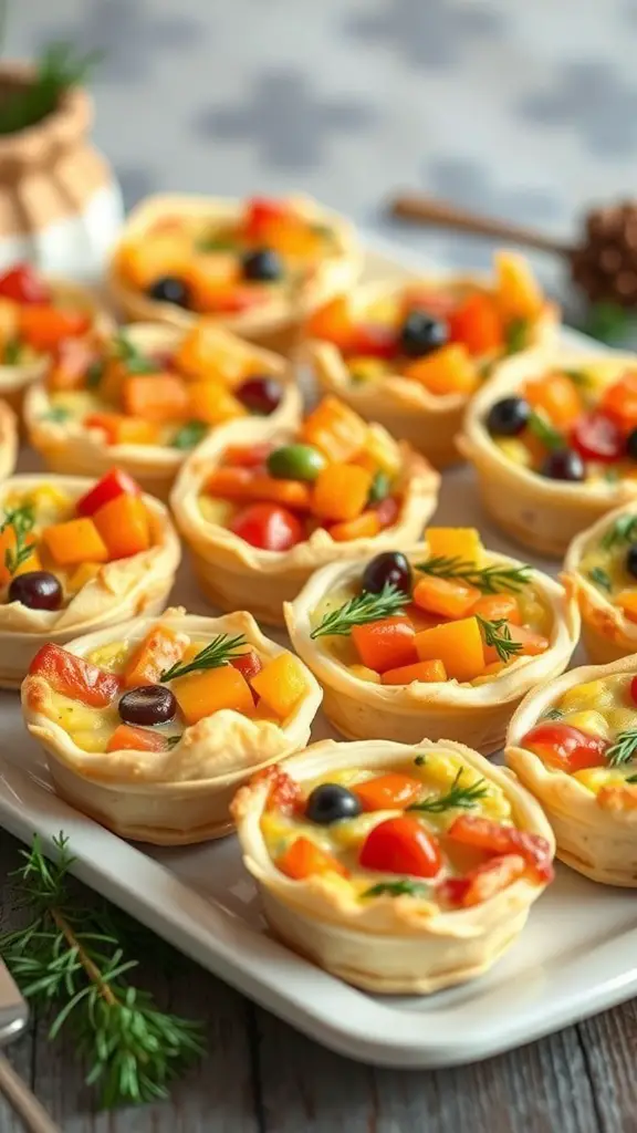 A platter of mini quiches filled with colorful vegetables, perfect for a Christmas breakfast.