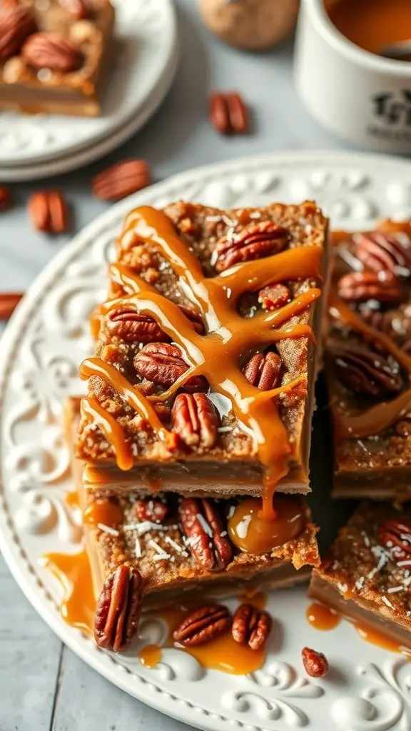 Pecan pie bars topped with caramel drizzle and pecans on a decorative plate.