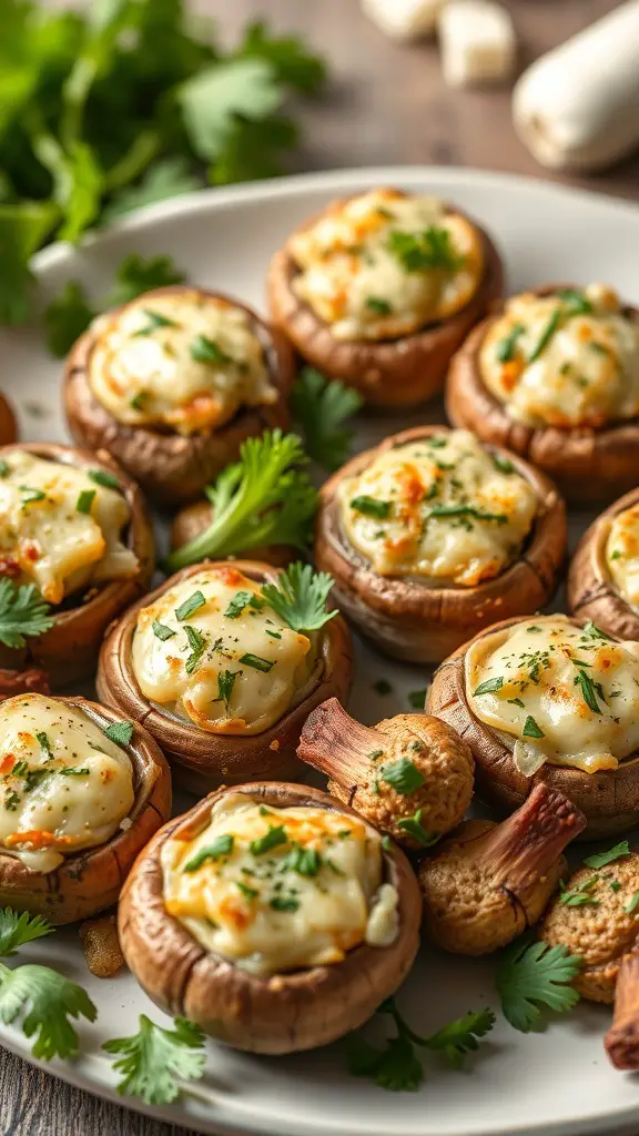 A platter of savory stuffed mushrooms topped with herbs and cheese.