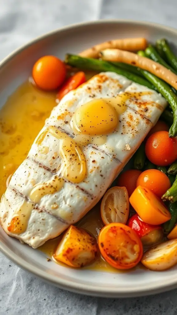 Baked tilapia fillet with garlic butter, surrounded by colorful vegetables.