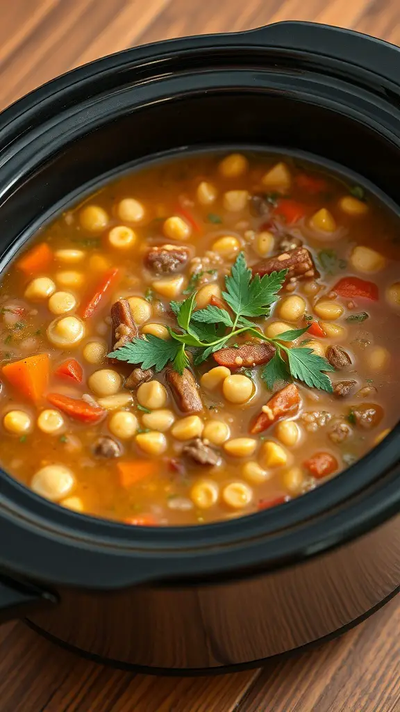 A bowl of savory lentil and vegetable soup in a black crockpot, with vibrant vegetables and herbs on top.