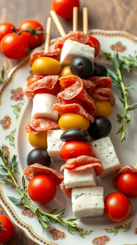 A platter of antipasto skewers with cherry tomatoes, cheese, and cured meats.