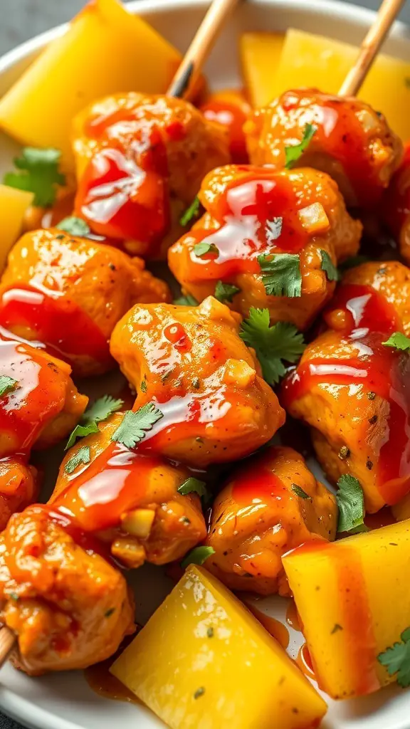 Sweet and sour chicken skewers with pineapple and cilantro