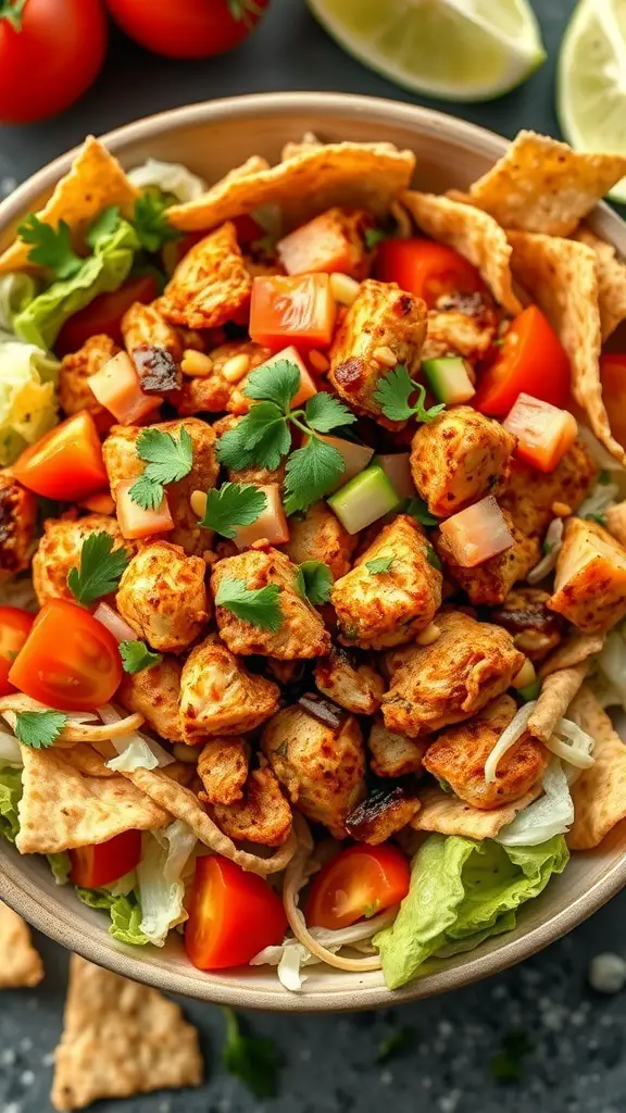 A bowl of spicy chicken taco salad with lettuce, tomatoes, and tortilla chips.