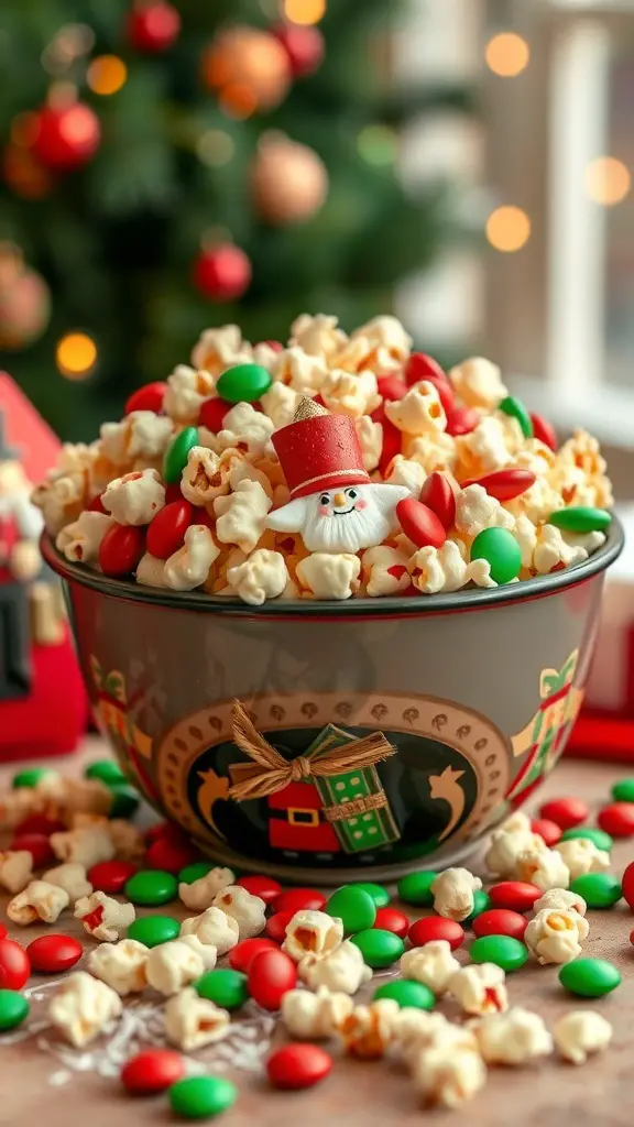 A bowl of Nutcracker Popcorn Mix with popcorn, red and green candies, and a Santa decoration