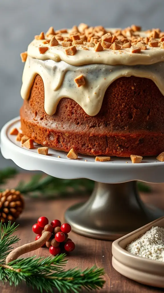 Eggnog Cake with Nutmeg Frosting on a cake stand, decorated with gingerbread pieces and festive greenery.