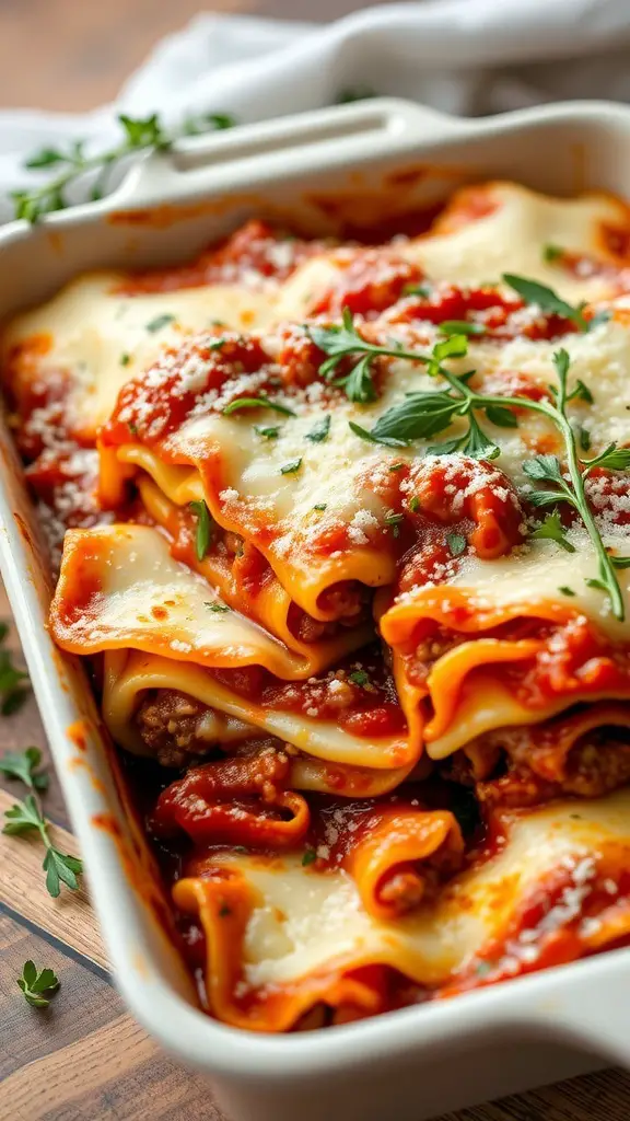 A delicious classic lasagna with layers of meat sauce and cheese, garnished with fresh herbs.