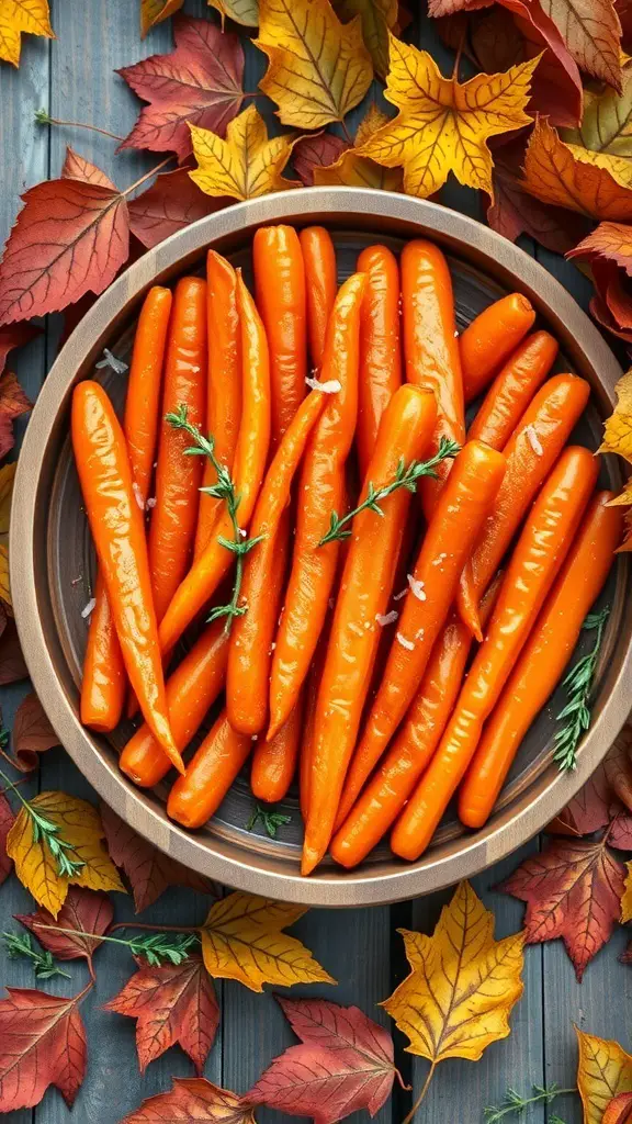 A bowl of honey-glazed carrots garnished with thyme, surrounded by autumn leaves.